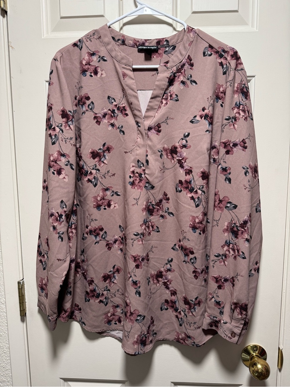 Hilary Radley Mauve Pink Floral V-Neck Blouse XL Classic Office Core